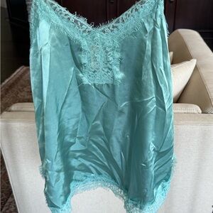 Mimi Chica Satin Chemise with Lace Trim - Aqua